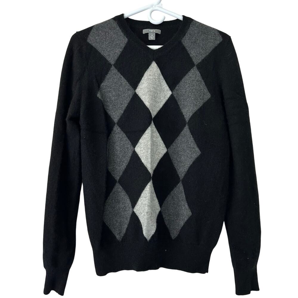 Apt. 9 100% Cashmere Argyle Sweater Black Gray Diamond Knit preppy academia M